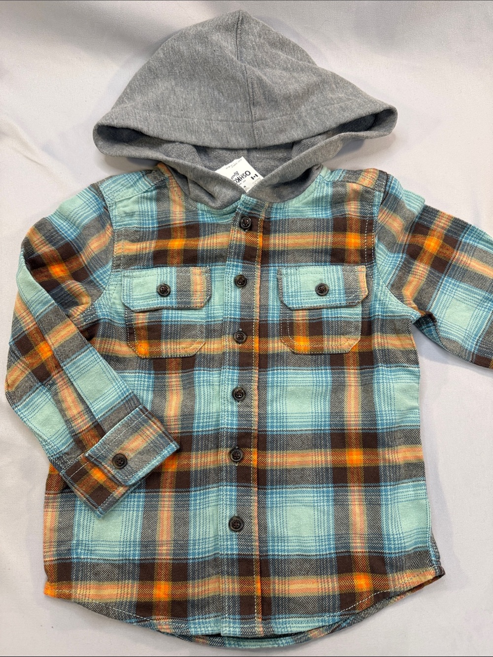 OshKosh B'gosh Hooded Plaid Button-Down Shirt in Aqua, Brown & Orange